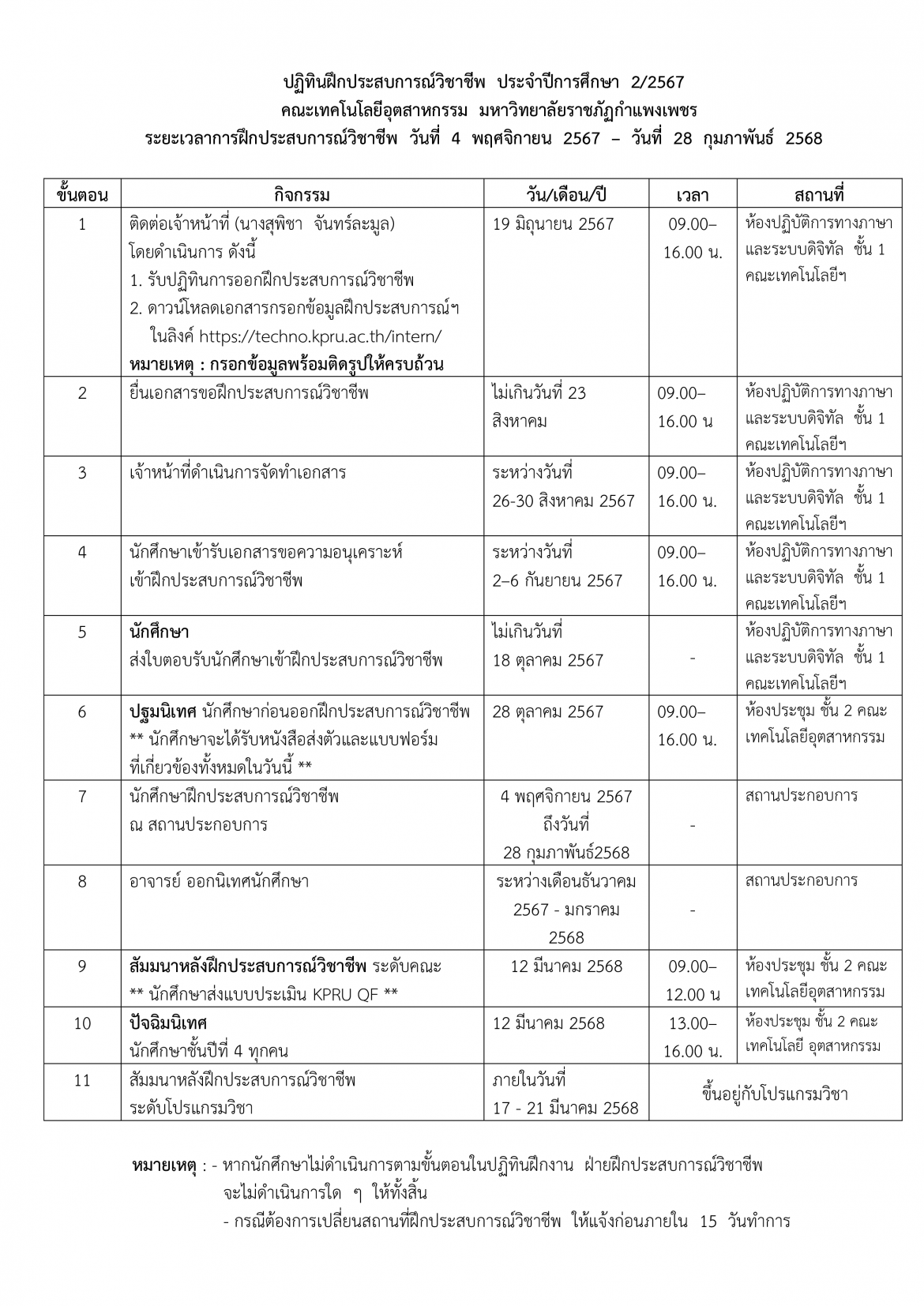 ปฏิทินฝึกประสบการณ์วิชาชีพ ประจำปีการศึกษา 2-2567